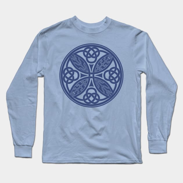 Book of Durrow Celtic Cross Blue Long Sleeve T-Shirt by Wareham Spirals